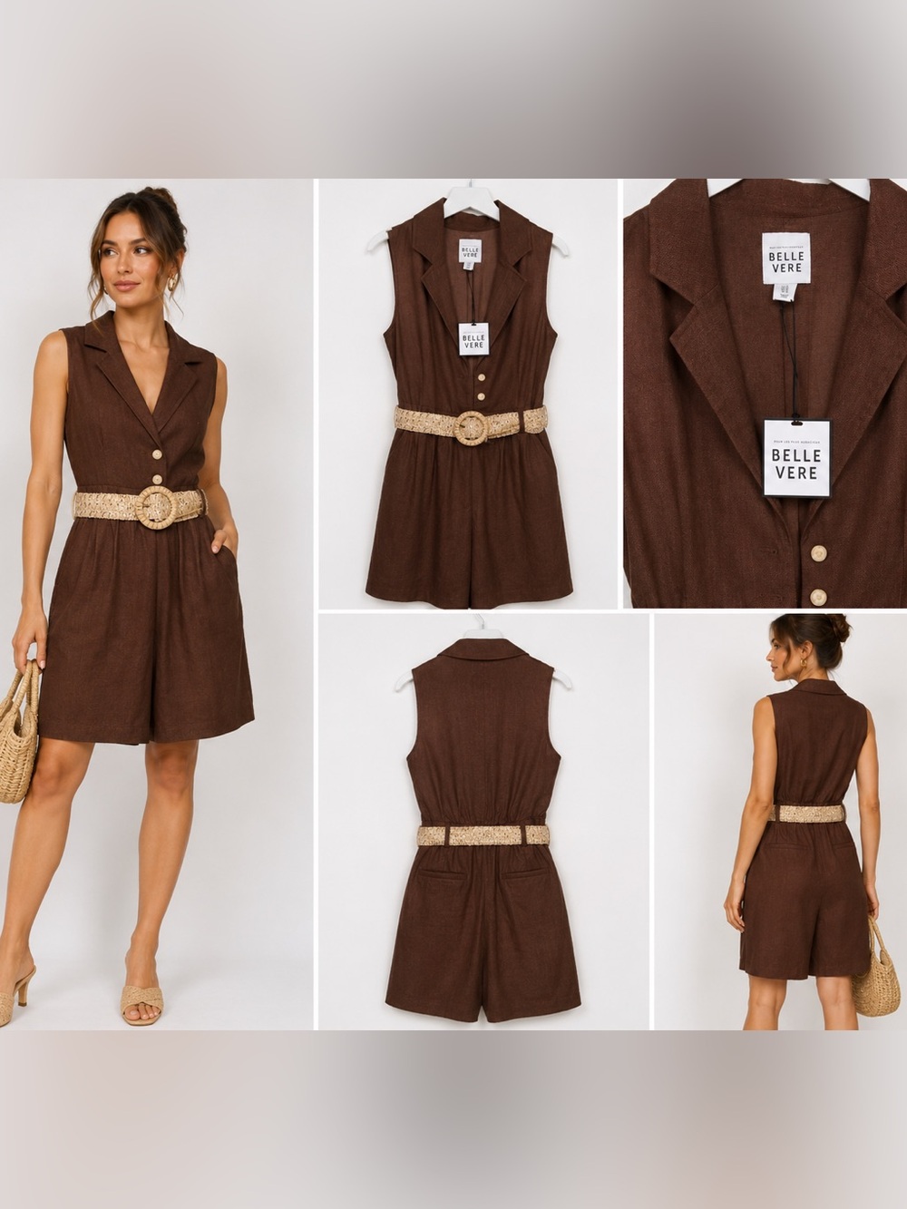 Belle Vere Brown Sleeveless Collared Romper with Woven Belt